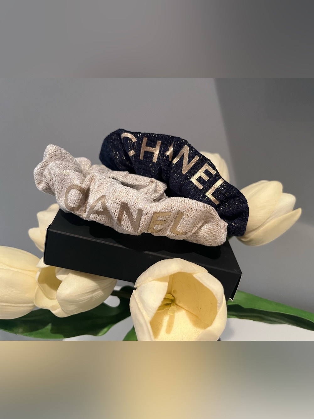 CHANEL Metallic Logo Scrunchie Pair in Black & Cream